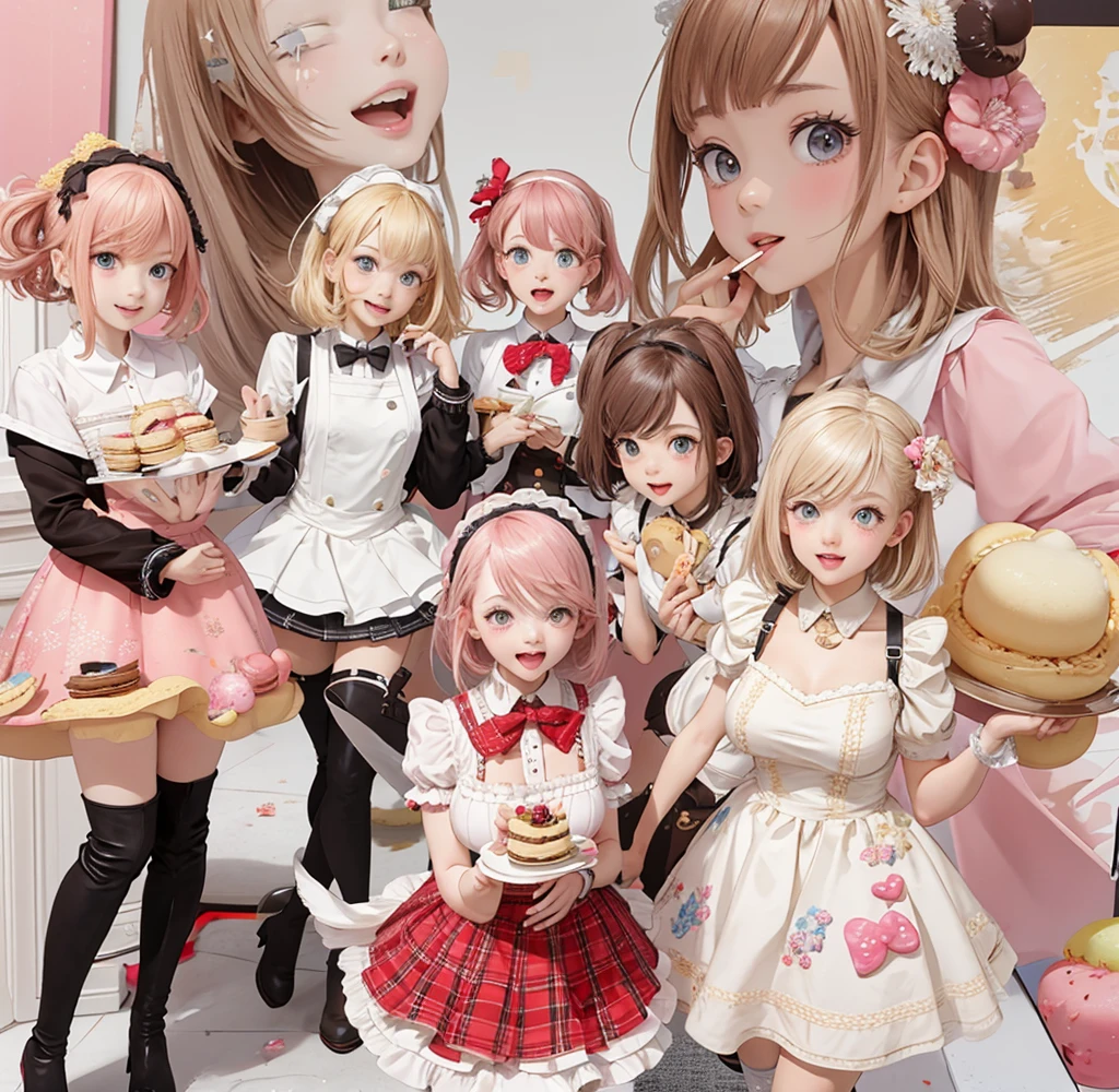 4+ girls, multiple colored hairs, sweet maids, random cute faces, super happy smiling, open mouth, group shot, zoom camera, sweet tea party, lots of cakes, macarons, chocolates, parfaits, cookies, land of sweets, blond hair, short hair, flipped hair,   bangs, , skinny  medium boob, ,  winter school uniform chain thigh boots, , mallet dress, glamorous theme, , new ground daytime, ,