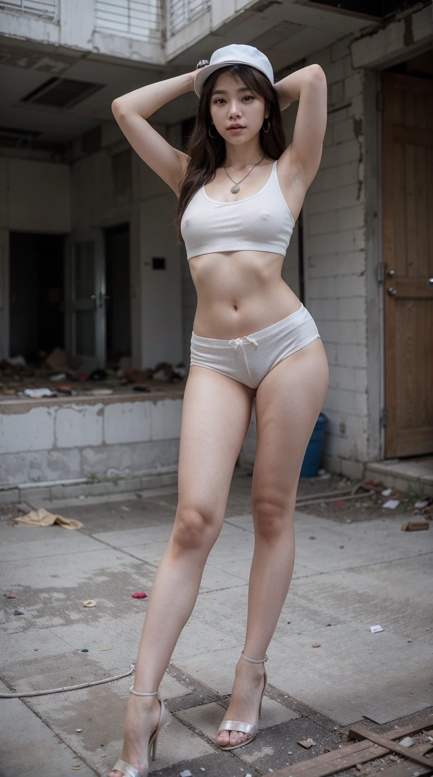 korean women, very beautiful, model , perfect body, morning light, earrings, necklace, white hat, grey tanktop, white short pants, high heels, full body, showing armpit, in the abandoned building