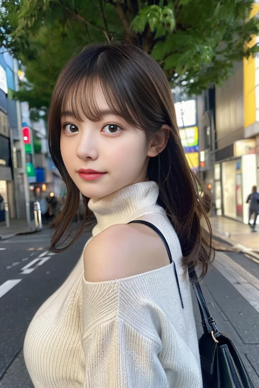 (Colossal tits、Turtleneck knitwear、Shoulder bag)、(top-quality,masterpiece:1.3,超A high resolution,),(ultra-detailliert,Caustics),(Photorealsitic:1.4,RAW shooting,)Ultra-realistic capture,A highly detailed,high-definition16Kfor human skin、 Skin texture is natural、、The skin looks healthy with an even tone、 Use natural light and color,One Woman,japanes,,kawaii,A dark-haired,Middle hair,(depth of fields、chromatic abberation、、Wide range of lighting、Natural Shading、)、(Hair swaying in the wind:1.2)、Streets of Tokyo