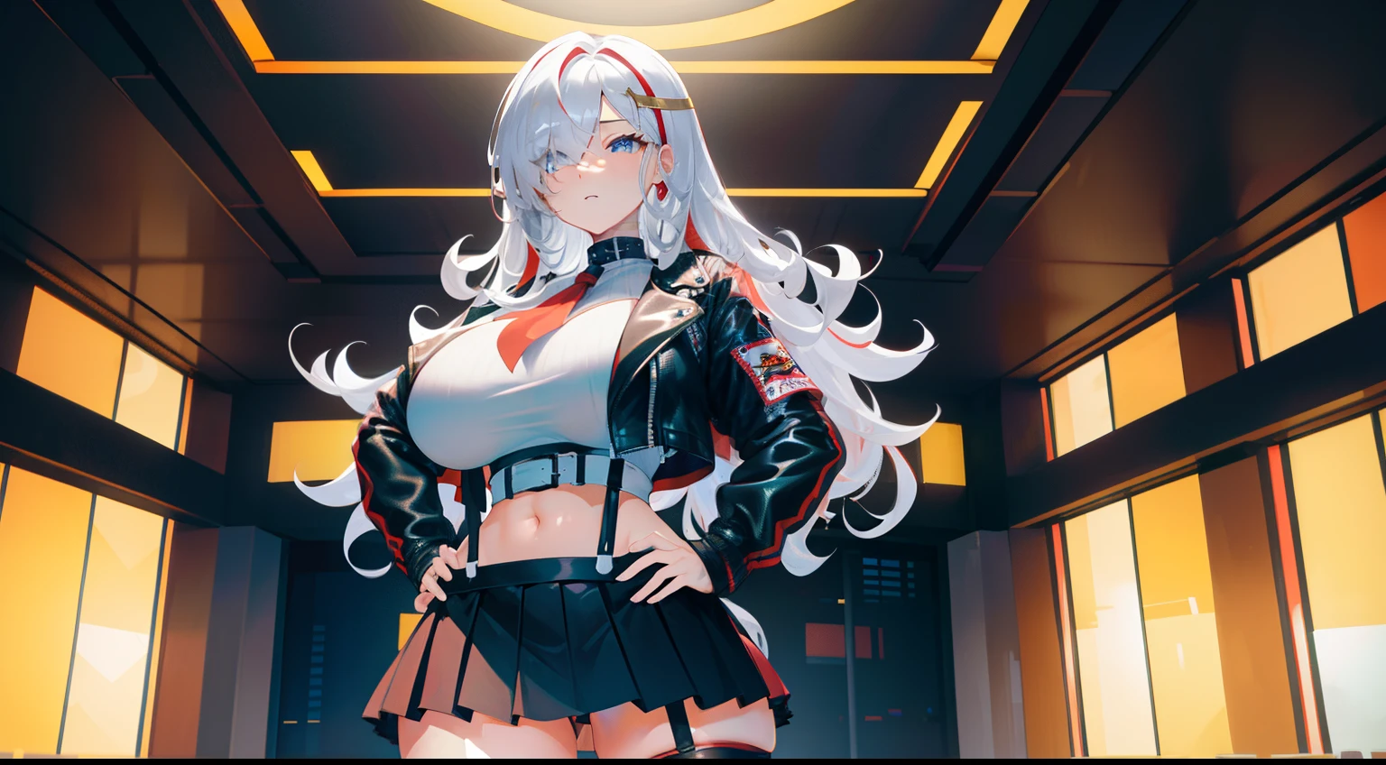(masterpiece), best quality, expressive eyes, perfect face, Golden eyes, long curly red silver hair, hair over one eye, mischievous, thicc thighs, gigantic breasts, fishnet stockings, suspenders, cheerleader style black skirt, bandage wrap top, leather jacket, hand on hips, arcade room, solo,