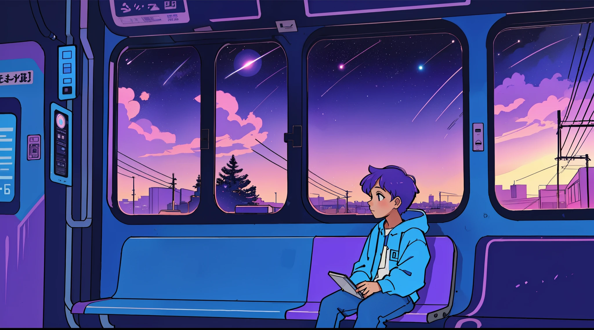 a boy is sitting on a train bench and looking out a window at the landscape passing by, at sunset, stars, starry sky, Elogio Artstyle, Arte Lofi, lofi aesthetic, Lofi Sensation, Hip Hop Lofi, menina , Retrato Lofi, lo fi, arte lo-fi, vibe, badass vibes , cores , purple and blue, synthwave colors