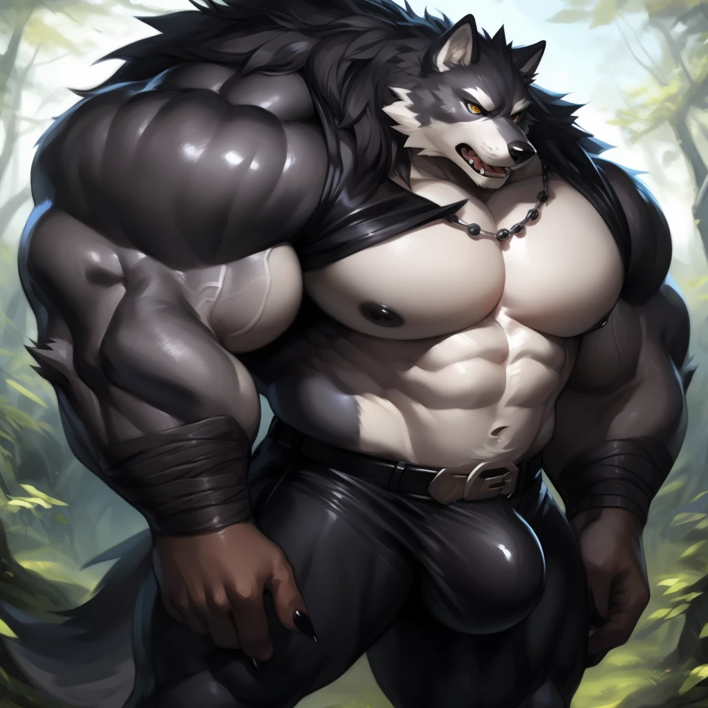 upload on e621, by Pino Daeni, by null-ghost, by kiyosan, Valor Wolf, Masterpiece, best quality, ultra high res, 4K, 8k HD, 2D, perfect anatomy, digital art, official art, extreme detailed, ultra detailed, strapsanime, color, soft shading, sharp focus, forest woods background, 1boy, dark black body fur, silver belly, detailed fluffy fur, ultra detailed face, detailed eyes, detailed iris eyes, detailed yellow eyes, white sclera, black pupils, big bellybutton, abs, bare pectoral, black claw nails, furry wolf male, mature male, giant size, dark black giant bulky muscular body fur, canid, huge black nipples, huge muscles, hyper muscles, huge pecs, oversize pecs, giant biceps, canine, canis, mammal, powerful wolf god, wolf male, fierce face, serious expression, badass, wolf anthro, solo, standing, wearing full complete sleeveless long black and silver coat/jacket, black and silver full complete sleeveless long coat/jacket, shirtless, dark black longest hair, dark black longest back fur hair, dark black longest hair fur front lay on pecs, hair color match his fur color, perfect fingers, dark black hands and fingers, wearing fingerless black gloves, black gloves, one black armbands on biceps, three black armbands on forearms, one silver moon, large black prayer beads necklaces, prayer beads necklaces rest on his tuft pecs, dark black and silver underside long tail, black long pants with silver designs with belt straps on leg, huge bulge