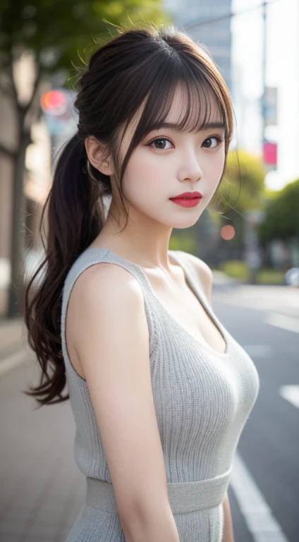 finely detail, hight resolution, hightquality、Perfect dynamic composition, Beautiful detailed eyes, Medium Hair, small tits、Natural Color Lip,Kamimei、Shibuya、20 years girl、1 persons、Transparent skin、Glowing hair、masutepiece, Best Quality, Illustration, Ultra-detailed, finely detail, hight resolution, 8K、The correct state of the human body、Randomly cute poses,Ponytail hair,beauty legs,Perfect beautiful face,KPOP Idol Face,Face that feels ecstasy,Pale light grey knitted dress,Background blur,Randomly dress up as a model for a women's fashion magazine