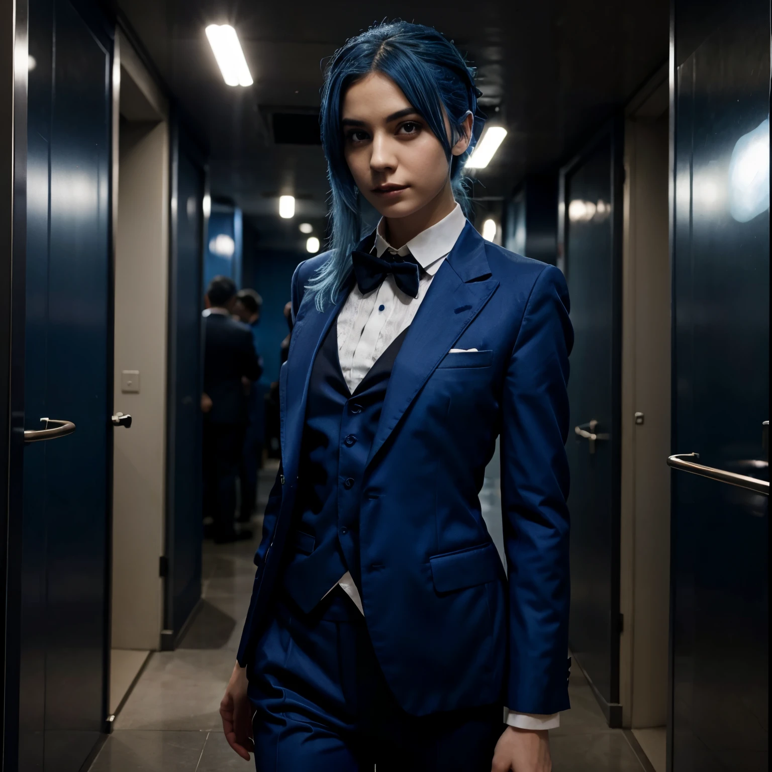 Arafed woman in a blue suit and bow tie standing in a hallway - SeaArt AI