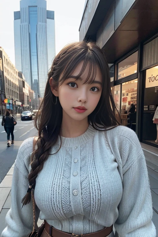 (From below:1),((1girl in)),Light Brown Fringe Hair、Braided hair、disheveled hair、Light brown eyes、(dignified expression)、(Fashionable casual wear),()、Emphasize the valley、Skyscraper District、blue-sky、(Photorealsitic)、(intricate detailes:1.2)、(masterpiece、:1.3)、(top-quality:1.4)、(超A high resolution:1.2)、超A high resolution、(A detailed eye)、(detailed facial features)