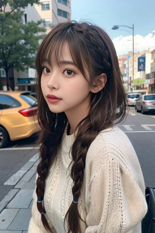 (From below:1),((1girl in)),Light Brown Fringe Hair、Braided hair、disheveled hair、Light brown eyes、(dignified expression)、(Fashionable casual wear),()、Emphasize the valley、Skyscraper District、blue-sky、(Photorealsitic)、(intricate detailes:1.2)、(​masterpiece、:1.3)、(top-quality:1.4)、(超A high resolution:1.2)、超A high resolution、(A detailed eye)、(detailed facial features)