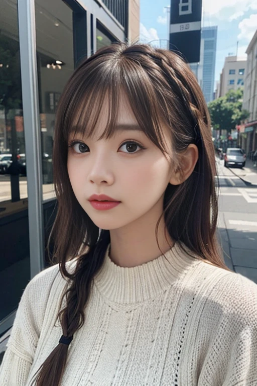 (From below:1),((1girl in)),Light Brown Fringe Hair、Braided hair、disheveled hair、Light brown eyes、(dignified expression)、(Fashionable casual wear),()、Emphasize the valley、Skyscraper District、blue-sky、(Photorealsitic)、(intricate detailes:1.2)、(masterpiece、:1.3)、(top-quality:1.4)、(超A high resolution:1.2)、超A high resolution、(A detailed eye)、(detailed facial features)