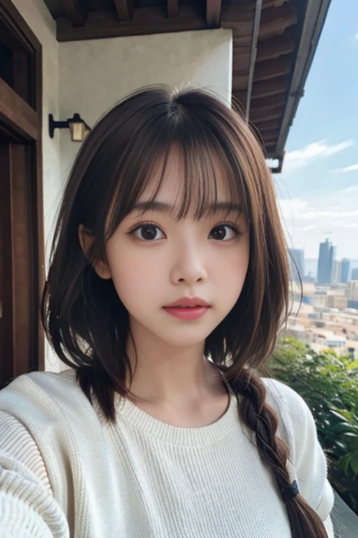 (From below:1),((1girl in)),Light Brown Fringe Hair、Braided hair、disheveled hair、Light brown eyes、(dignified expression)、(Fashionable casual wear),()、Emphasize the valley、Skyscraper District、blue-sky、(Photorealsitic)、(intricate detailes:1.2)、(masterpiece、:1.3)、(top-quality:1.4)、(超A high resolution:1.2)、超A high resolution、(A detailed eye)、(detailed facial features)