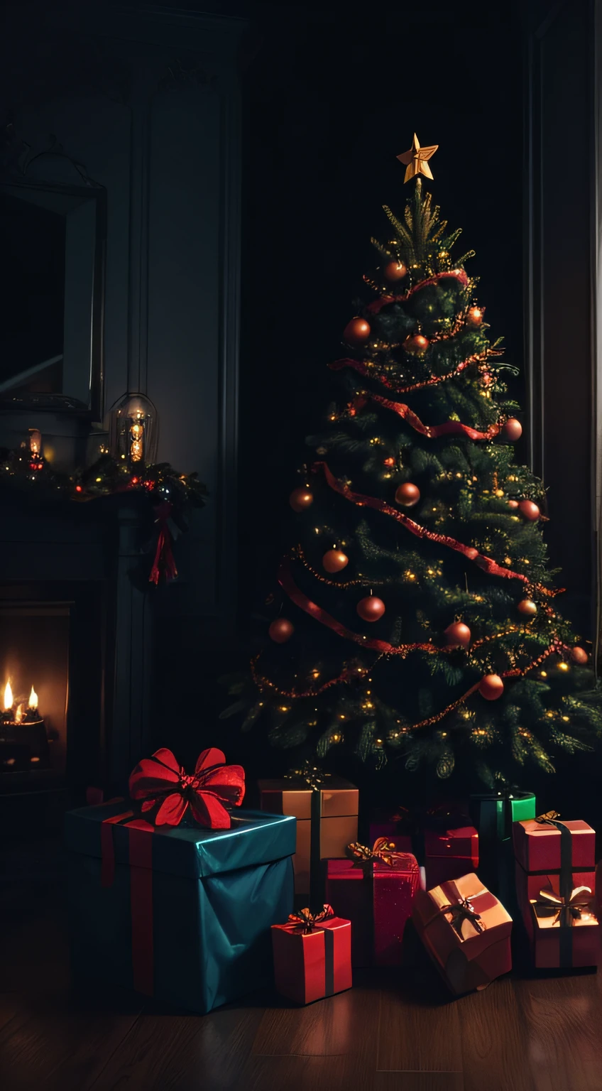 (realistic),Gifts under a Christmas tree,decorated tree,wrapped presents in dark wrapping,sparkling ornaments, lit tree, eerie atmosphere, dark colors, dark lighting,glimmering lights, anticipation