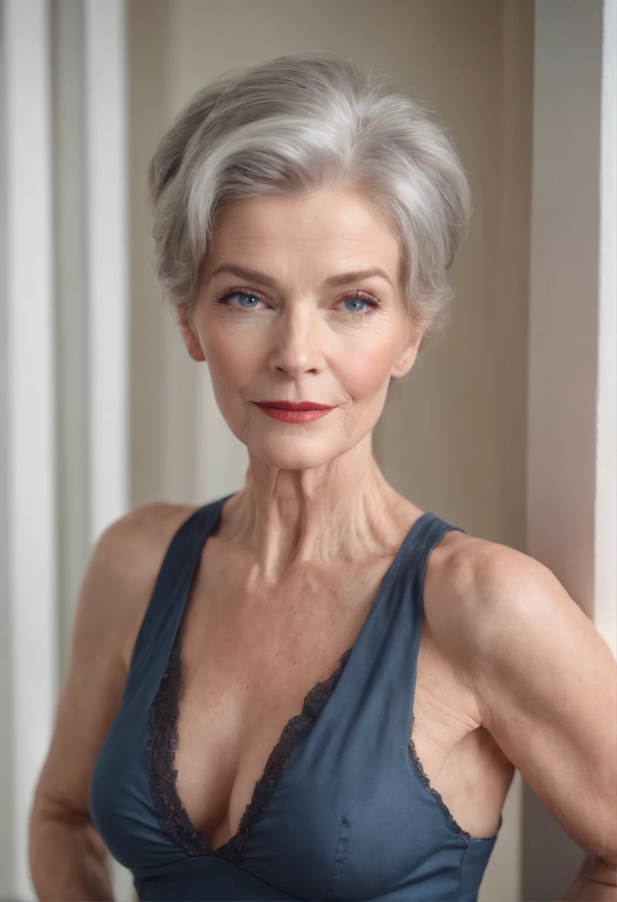 An old woman, 60 years old. Pale skin. Very Short hair. Sidecut. Bright brown haircolour with grey. Happy eyes. Bright blue eyecolour. A small nose. Curved lips. Masculine face. Masculine look. Small. Very tiny breasts. With scars. Scared. In love. Girly clothes. In autum.