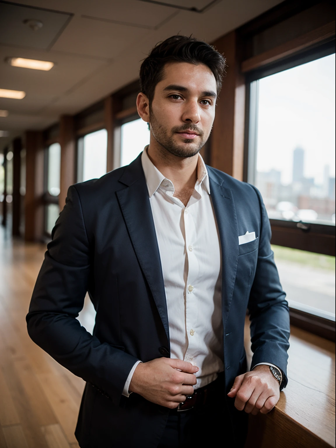 one male, 36 years old, in business suit, dark blue jacket, white shirt with unbuttoned collar, dark blue pants, brown leather belt, short black hair: :2, short business hairstyle: :2, brown eyes, thick black eyebrows, hooked nose, wide cheekbones, wide jaw, strong-willed chin, plump lips,: :2 Bokeh:: Cinematic::2 Filmic::2 Photoshoot::2 35mm:: Nikon D750::2 F/22, chroma, complementary colors, light, low contrast, two-dimensional, 2D::: 16k::2 HDR, happy:::strong::2, best quality, high resolution, masterpiece:1. 2, super detailed