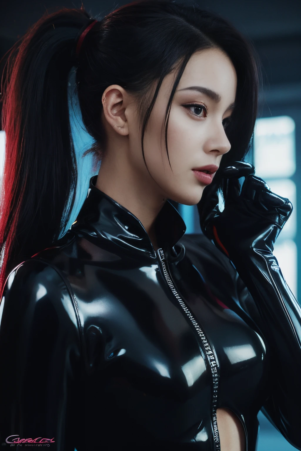 a close up of a woman in a black latex outfit, futuristic glossy latex suit, cyberpunk glossy latex suit, cyborg fashion model, cyberpunk beautiful girl, ariana grande as a sith, cyberpunk girl, futuristic woman portrait, pony tail