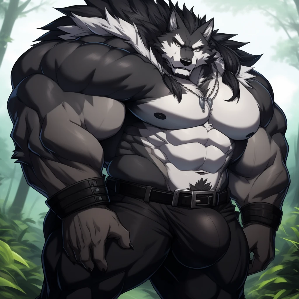 upload on e621, by drks, Valor Wolf, Masterpiece, best quality, ultra high res, 4K, 8k HD, 2D, perfect anatomy, digital art, official art, extreme detailed, ultra detailed, strapsanime, color, soft shading, sharp focus, forest woods background, 1boy, dark black body fur, silver belly, detailed fluffy fur, ultra detailed face, detailed eyes, detailed iris eyes, detailed yellow eyes, white sclera, black pupils, big bellybutton, abs, bare pectoral, black claw nails, furry wolf male, mature male, giant size, dark black giant bulky muscular body fur, canid, huge black nipples, huge muscles, hyper muscles, huge pecs, oversize pecs, giant biceps, canine, canis, mammal, powerful wolf god, wolf male, fierce face, serious expression, badass, wolf anthro, solo, standing, wearing full complete sleeveless long black and silver coat/jacket, black and silver full complete sleeveless long coat/jacket, shirtless, dark black longest hair, dark black longest back fur hair, dark black longest hair fur front lay on pecs, hair color match his fur color, perfect fingers, dark black hands and fingers, wearing fingerless black gloves, black gloves, one black armbands on biceps, three black armbands on forearms, one silver moon, large black prayer beads necklaces, prayer beads necklaces rest on his tuft pecs, dark black and silver underside long tail, black long pants with silver designs with belt straps on leg, huge bulge