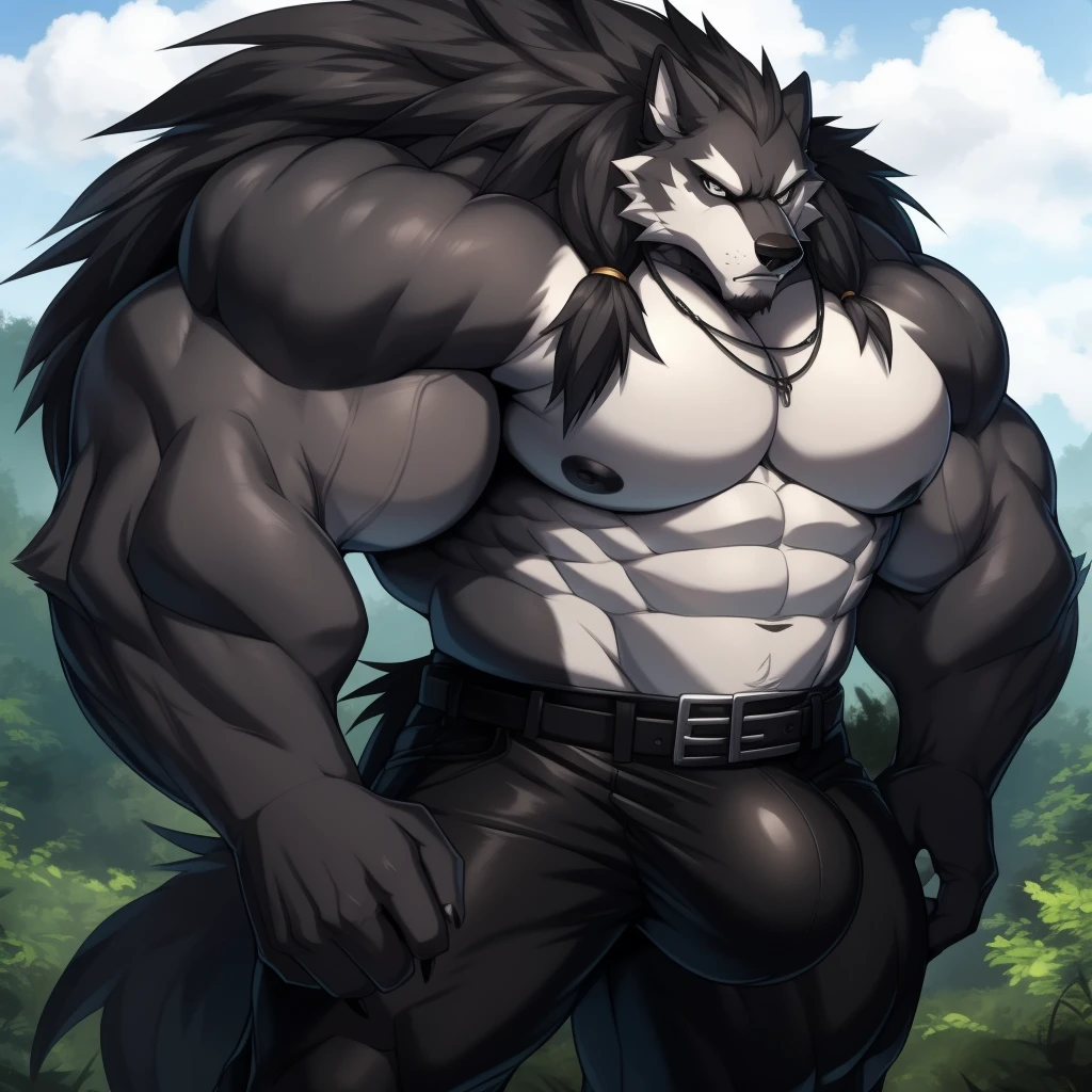 upload on e621, by drks, Valor Wolf, Masterpiece, best quality, ultra high res, 4K, 8k HD, 2D, perfect anatomy, digital art, official art, extreme detailed, ultra detailed, strapsanime, color, soft shading, sharp focus, forest woods background, 1boy, dark black body fur, silver belly, detailed fluffy fur, ultra detailed face, detailed eyes, detailed iris eyes, detailed yellow eyes, white sclera, black pupils, big bellybutton, abs, bare pectoral, black claw nails, furry wolf male, mature male, giant size, dark black giant bulky muscular body fur, canid, huge black nipples, huge muscles, hyper muscles, huge pecs, oversize pecs, giant biceps, canine, canis, mammal, powerful wolf god, wolf male, fierce face, serious expression, badass, wolf anthro, solo, standing, wearing full complete sleeveless long black and silver coat/jacket, black and silver full complete sleeveless long coat/jacket, shirtless, dark black longest hair, dark black longest back fur hair, dark black longest hair fur front lay on pecs, hair color match his fur color, perfect fingers, dark black hands and fingers, wearing fingerless black gloves, black gloves, one black armbands on biceps, three black armbands on forearms, one silver moon, large black prayer beads necklaces, prayer beads necklaces rest on his tuft pecs, dark black and silver underside long tail, black long pants with silver designs with belt straps on leg, huge bulge