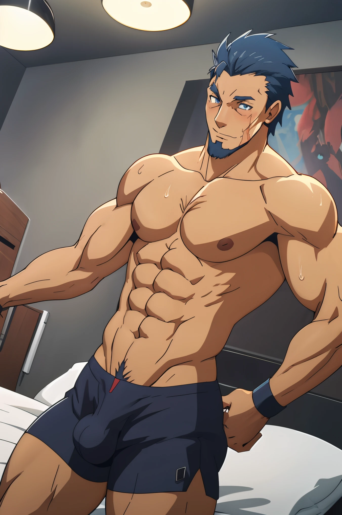 Mugan, Mature Male, Muscular, Wrinkles, Blue Hair, Blue Eyes, Cheek Scar, ((((Completely naked))), penis, wet, bulge, sweat, blush,), (in bed), medieval bedroom, pillows, blankets, looking at viewer, facing the viewer,