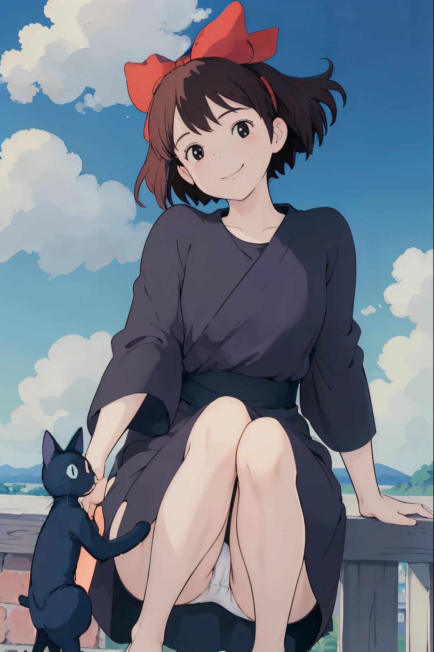 Anime girl sitting on a ledge with a cat - SeaArt AI