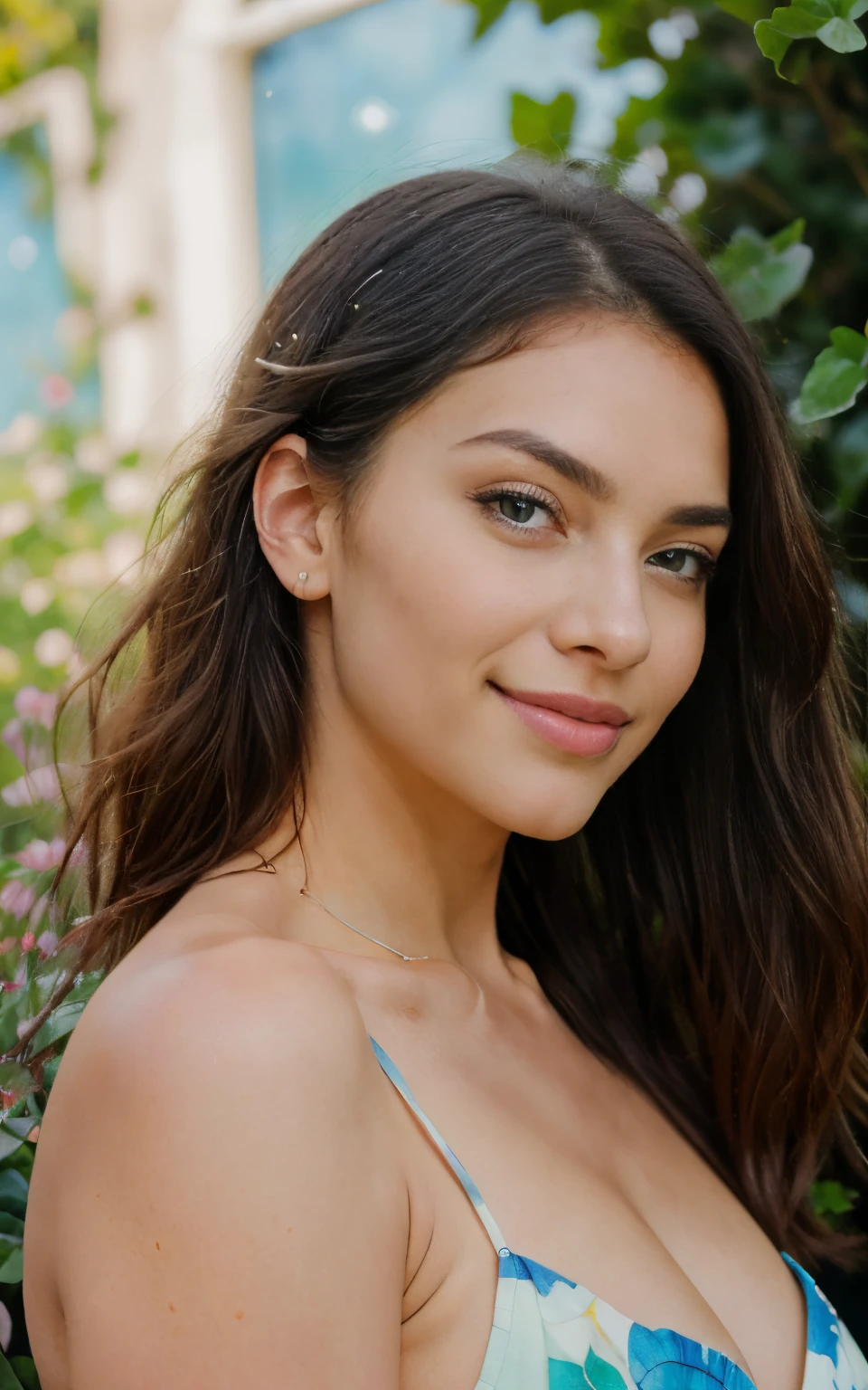 (gorgeous,real girl,the most attractive facial and racial features: 1.1, slightly mixed-race skin,mesmerizing blue eyes,fantastic) (oil painting,highres,ultra-detailed,realistic:1.37) [colorful] [bright,studio lighting], (long,dark,curly hair),(elegant,poised),(bright,beautiful smile),(delicate,nose),(rosy,cheeks),(perfect contours),(charming,personality),(fashionably dressed),(graceful pose),(lush,green garden),(vivid colors),(sunlit,atmosphere),(clear,blue sky),(peaceful,background),(sparkling,dewdrops),(fluttering butterflies),(radiant,beauty),(captivating,charisma)