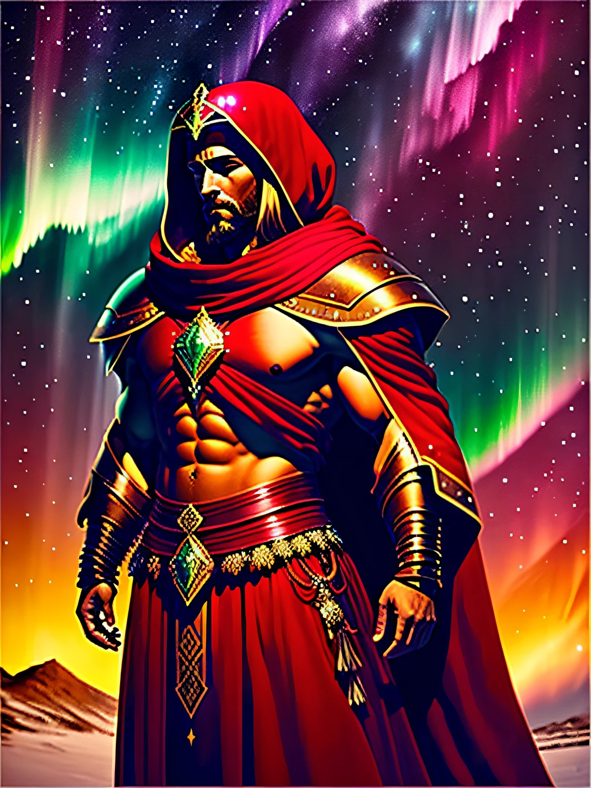 "Imponente, leone, sentado, segurando um cetro, vestindo uma capa vermelha e uma roupa dourada de gladiador, in a background of aurora borealis and cosmic universe."