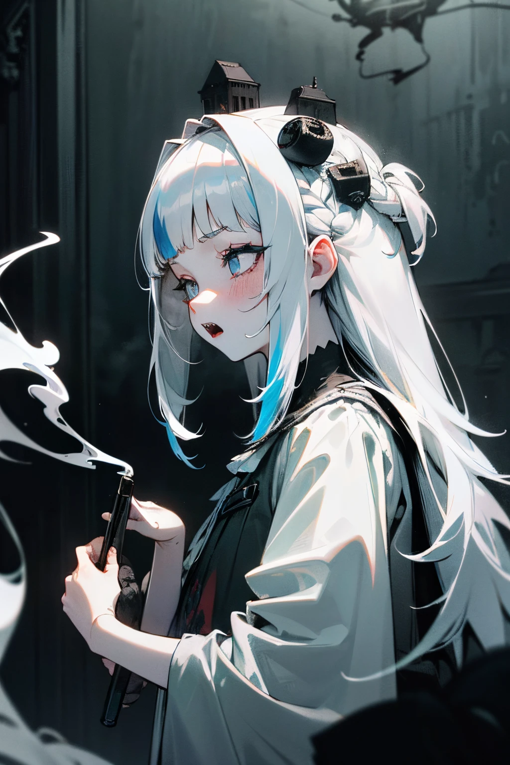 ((Gawr gura)), ((Masterpiece)), from side, 1girl, , blunt bangs, feminine, (silky straight hair), muted colors, monochrome, pale skin, ((makeup goth)), cute, lipstick, night, ((Black roses on head)), ((smoke)), (blowing smoke), (indoors), Hair hide eyes, 3d, (bell), ((Dusty)), ((cobwebs)), scenery, (cracked skin), glowing, fractured skin, antique doll style, dark white, (hollow eyes), (sharp teeth, open mouth wide), ruins