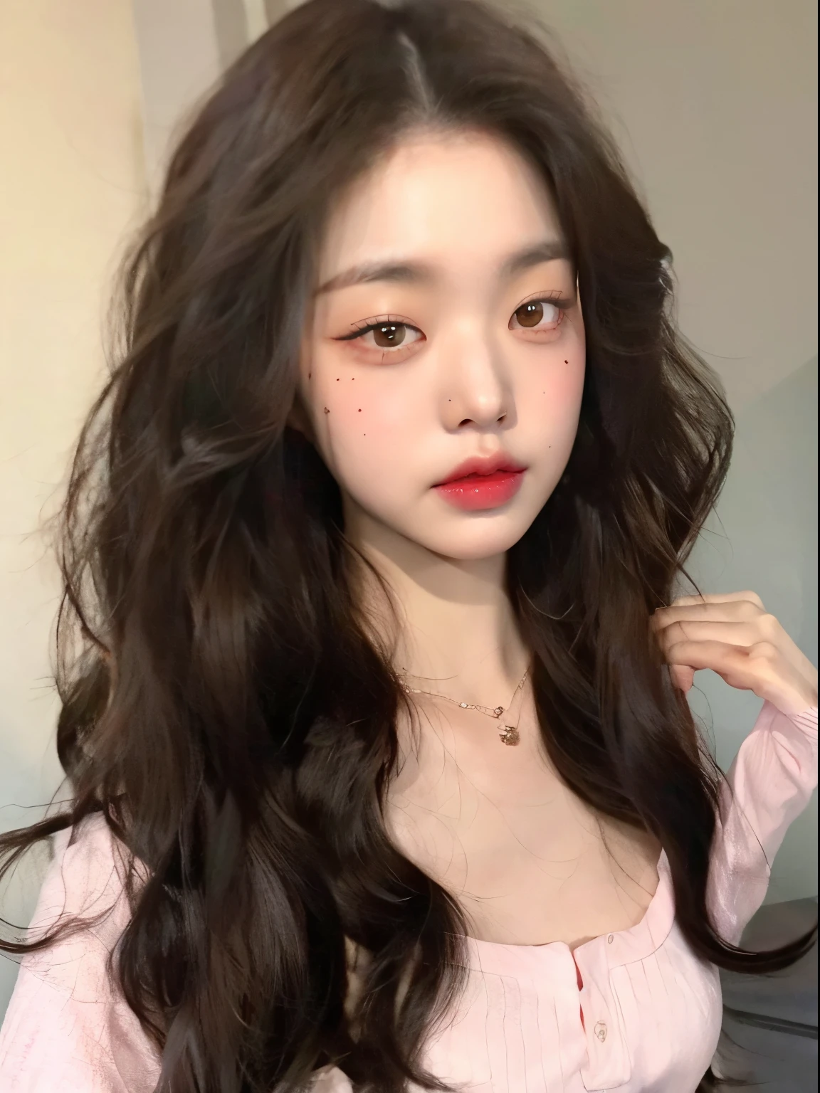 Un primer plano de una mujer con el pelo largo que lleva una camisa rosa, ulzzang, Blackpink Jennie, maquillaje popular de Corea del Sur, cara muy bonita, Joven y adorable rostro coreano, maquillaje coreano popular, con cabello largo y rizado, cabello ondulado extendido, Ojos grandes y cabello largo y suelto, Wan adorable cara coreana, pale fair skin!!, con cara redonda, Cara suave y redonda