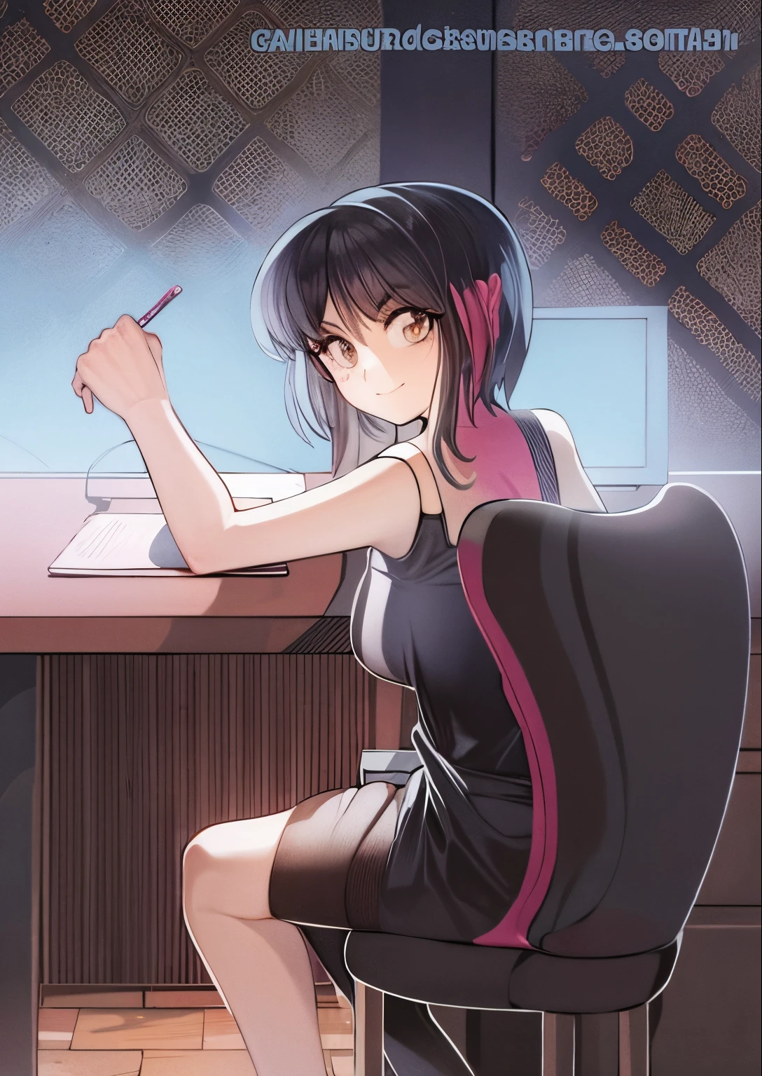 garota de anime sentada em uma mesa com um laptop e uma caneta, no estilo de arte do anime 8 0 s, em estilo anime, em estilo anime, Digital anime illustration, arte de anime digital!!, retro anime girl, personagem estilo anime, illustration Anime style, estilo de arte anime, ****** do anime chamada Lucy, estilo anime ecchi, uma garota de anime, cel - estilo de arte sombreado