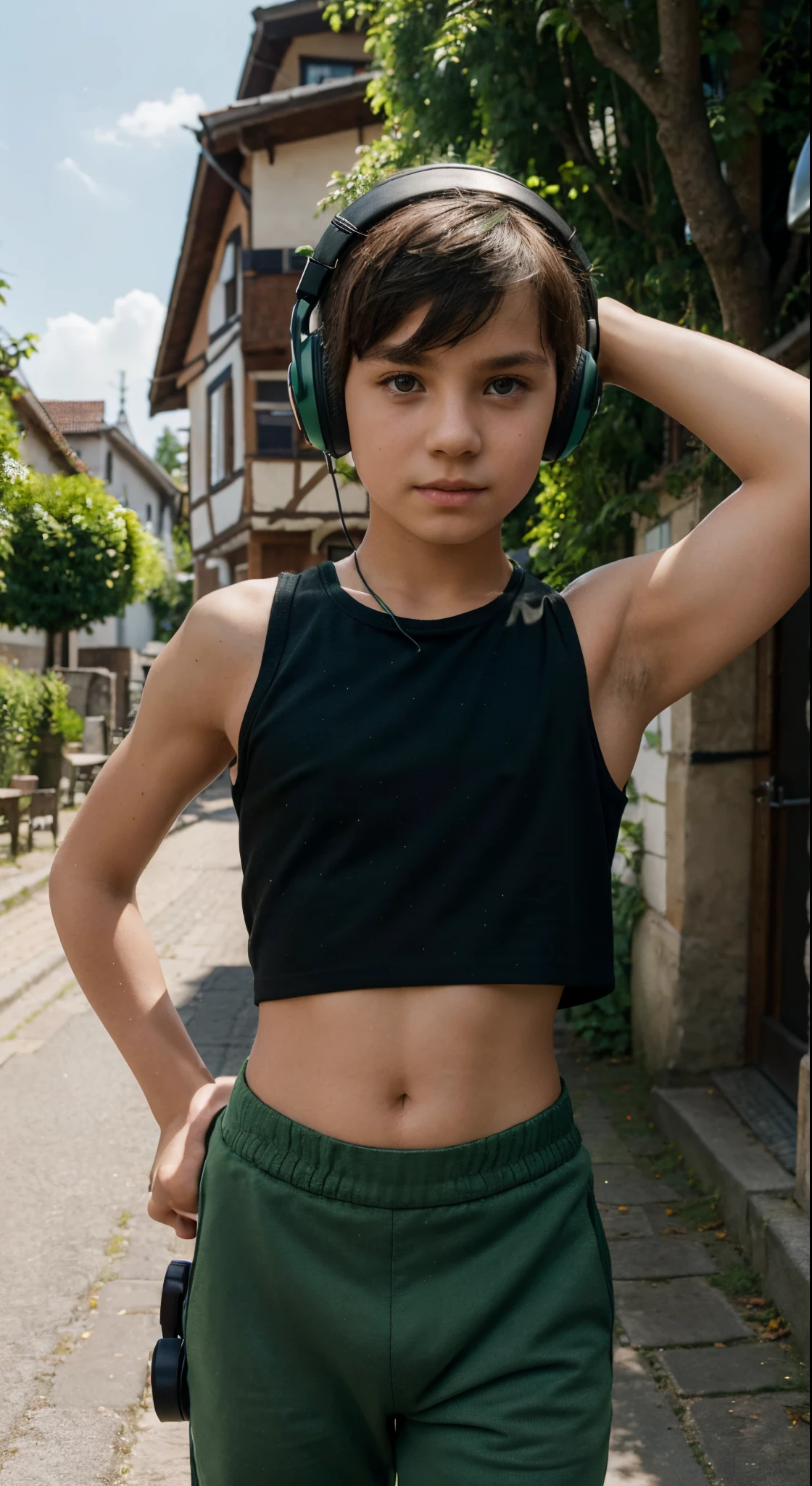 A boy 10 - 12 years old stands in a German village, Sunny day, letho, boy dressed in a short top T-shirt and green black pants, crop top, green black pants, Short top, headphones on head, he listens to music on headphones, short crop top, green black pants