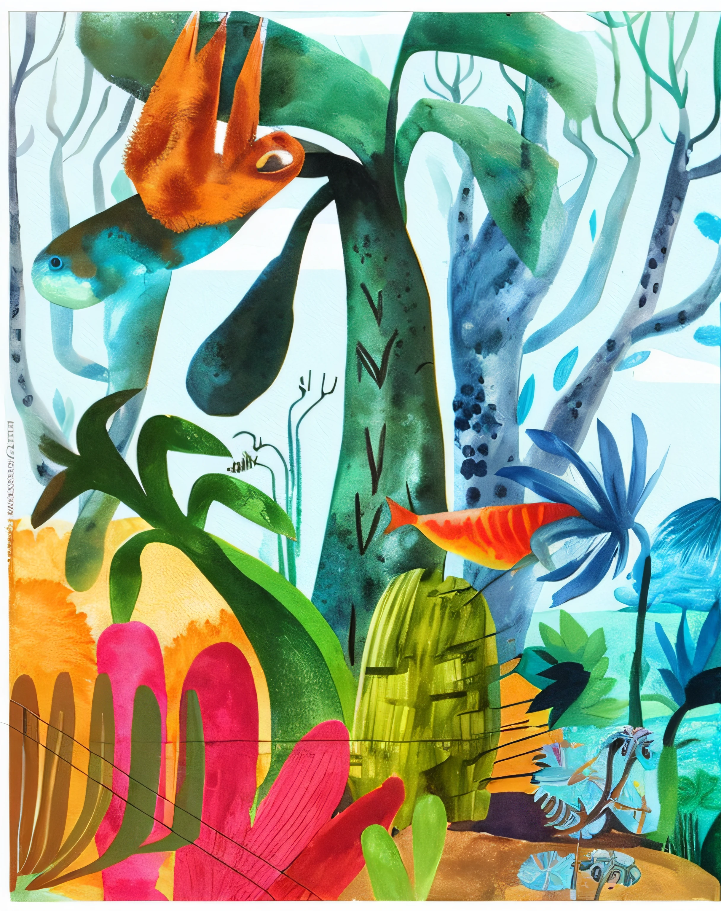 pintura de peixes e plantas em estilo aquarela colorido, selva colorida, inspirado em Henri Rousseau, pintura misteriosa da selva, inspirado em Romare Bearden, No estilo de Henri Rousseau, Jane Newland, vibrant gouache painting scenery, Uma paisagem tropical abstrata, colagem recortada, pinturas detalhadas do guache, painted illustration poster, full-colour illustration