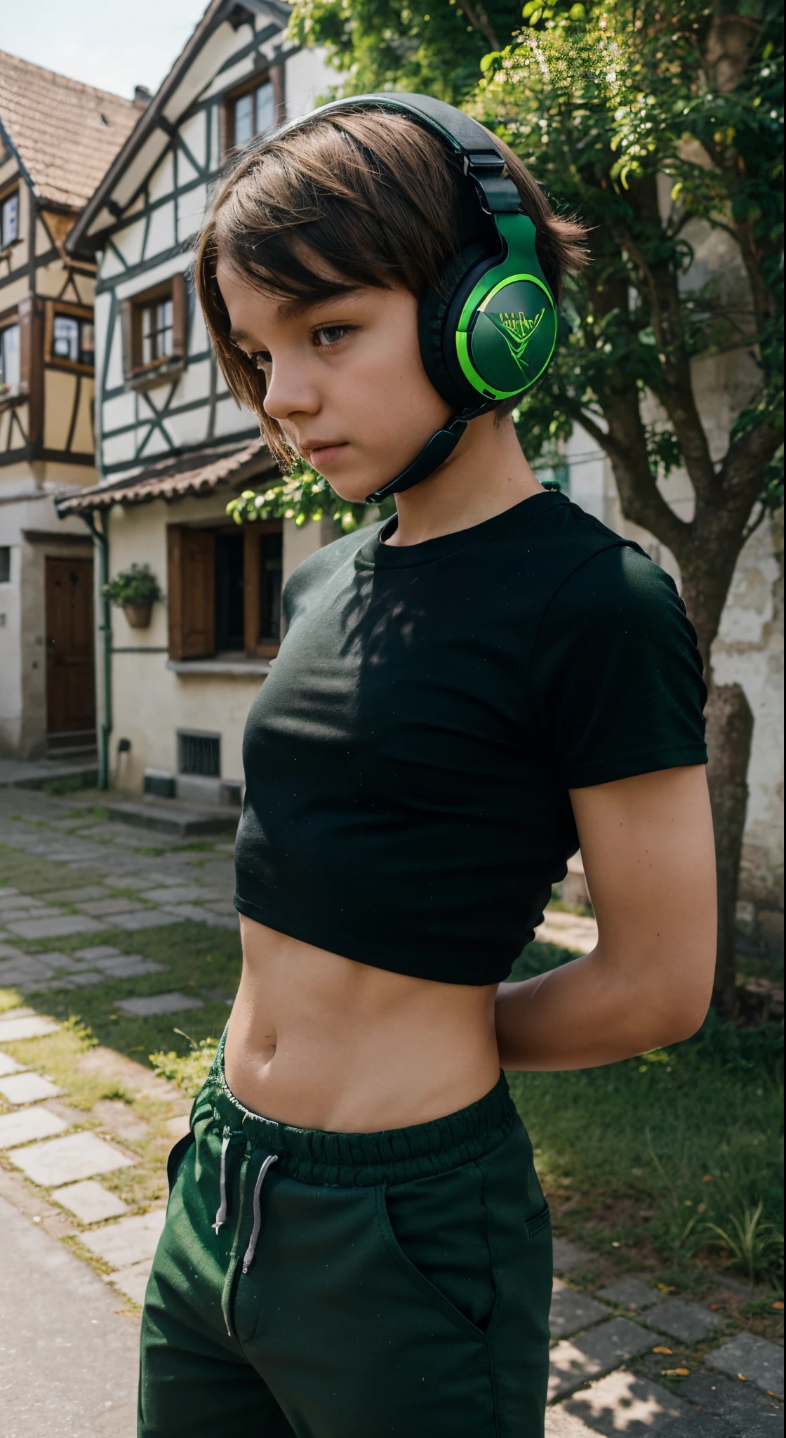 A boy 10 - 12 years old stands in a German village, Sunny day, letho, boy dressed in a short top T-shirt and green black pants, crop top, green black pants, Short top, headphones on head, he listens to music on headphones, short crop top, green black pants