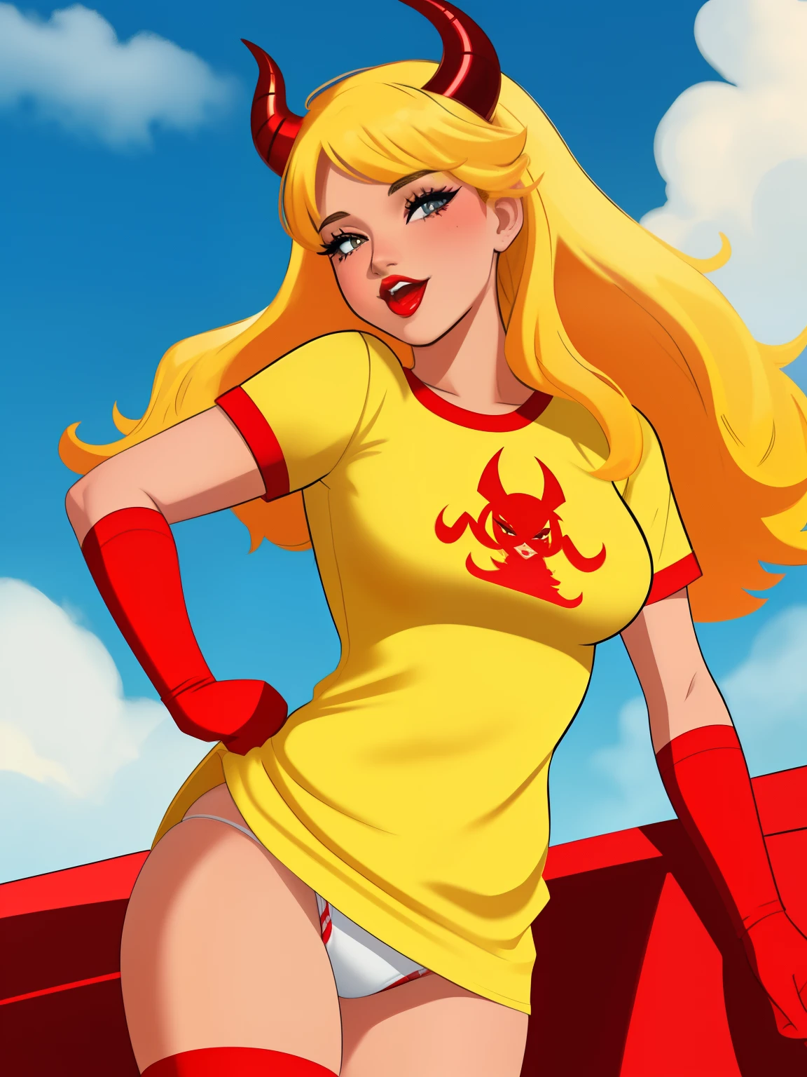 cartoon of a she devil, horns on head, in a yellow shirt, white panties, cheerleader, red skin, full color illustration, comic pinup style, J Scott Campbell style
