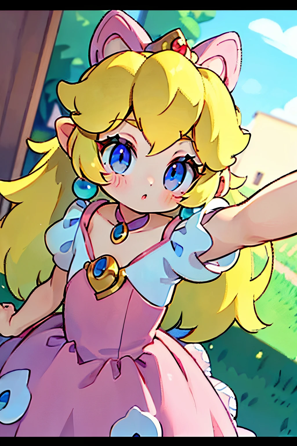 Princess Peach, 8k, best quality, master part, Ultra high resolution, (Realismo: 1.4), Foto original, (textura de pele realista: 1.3), (filmic grain: 1.3), (selfie angle), 1 girl, Olhos bonitos e detalhes do rosto, master part, best quality, Close-up, parte superior do corpo, Looking at the Viewer