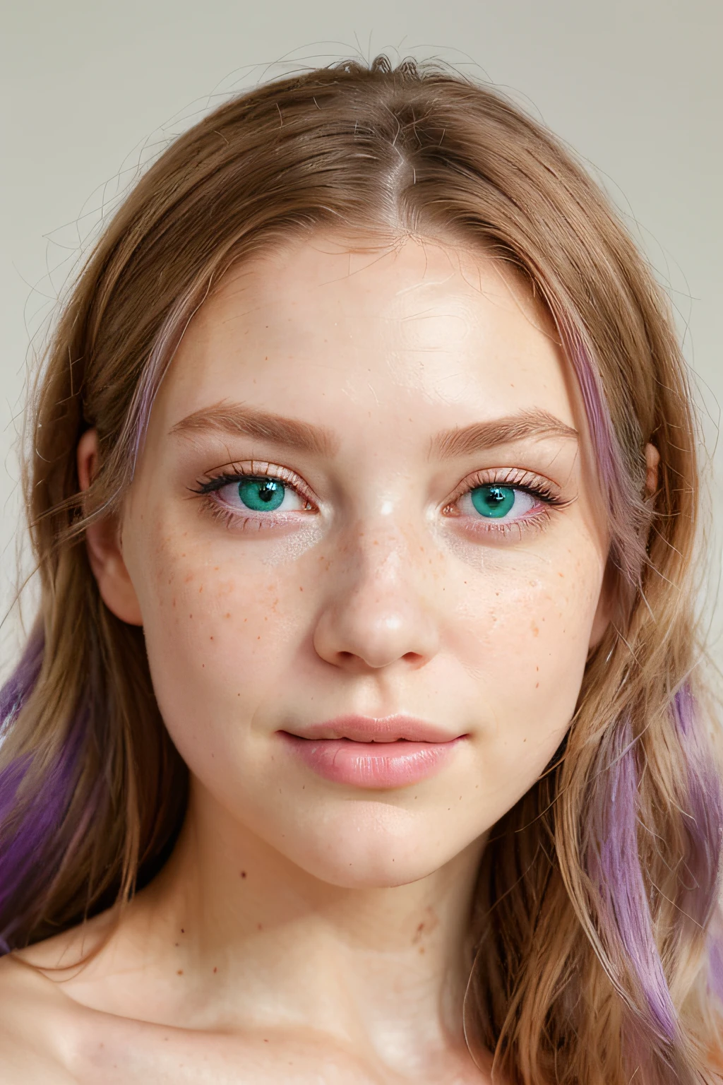 High-resolution, close-up portrait of a unique and striking digital influencer model, embodying diverse and inclusive beauty standards. Her face should feature a healthy, radiant complexion with a blend of distinctive traits such as an unusual hair color (like lavender or silver), a scattering of freckles across her cheeks and nose, and captivating eyes that stand out with a rare color like emerald green or deep violet. She should have a confident, engaging expression that conveys authenticity and charisma, appealing to a broad audience. The model’s overall look should be stylish and fashionable, yet approachable, reflecting current beauty and fashion trends. The lighting should be soft and flattering, highlighting her features without creating harsh shadows. The background should be soft and neutral to keep the focus on her face. The image should be rendered with crisp details and vivid colors to enhance its realism and visual appeal.
