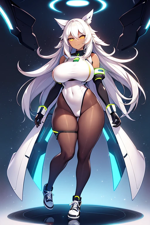 1girl, dark skin, dark-skinned female, white hair, long hair, yellow eyes, large breasts, breasts, wide hips, smug, smirk, smile, bodysuit, black bodysuit, pantyhose, black pantyhose, shoes, sneakers, futuristic, tech, science-fiction, neon trim, white neon trim, white trim, full body, ((full body))