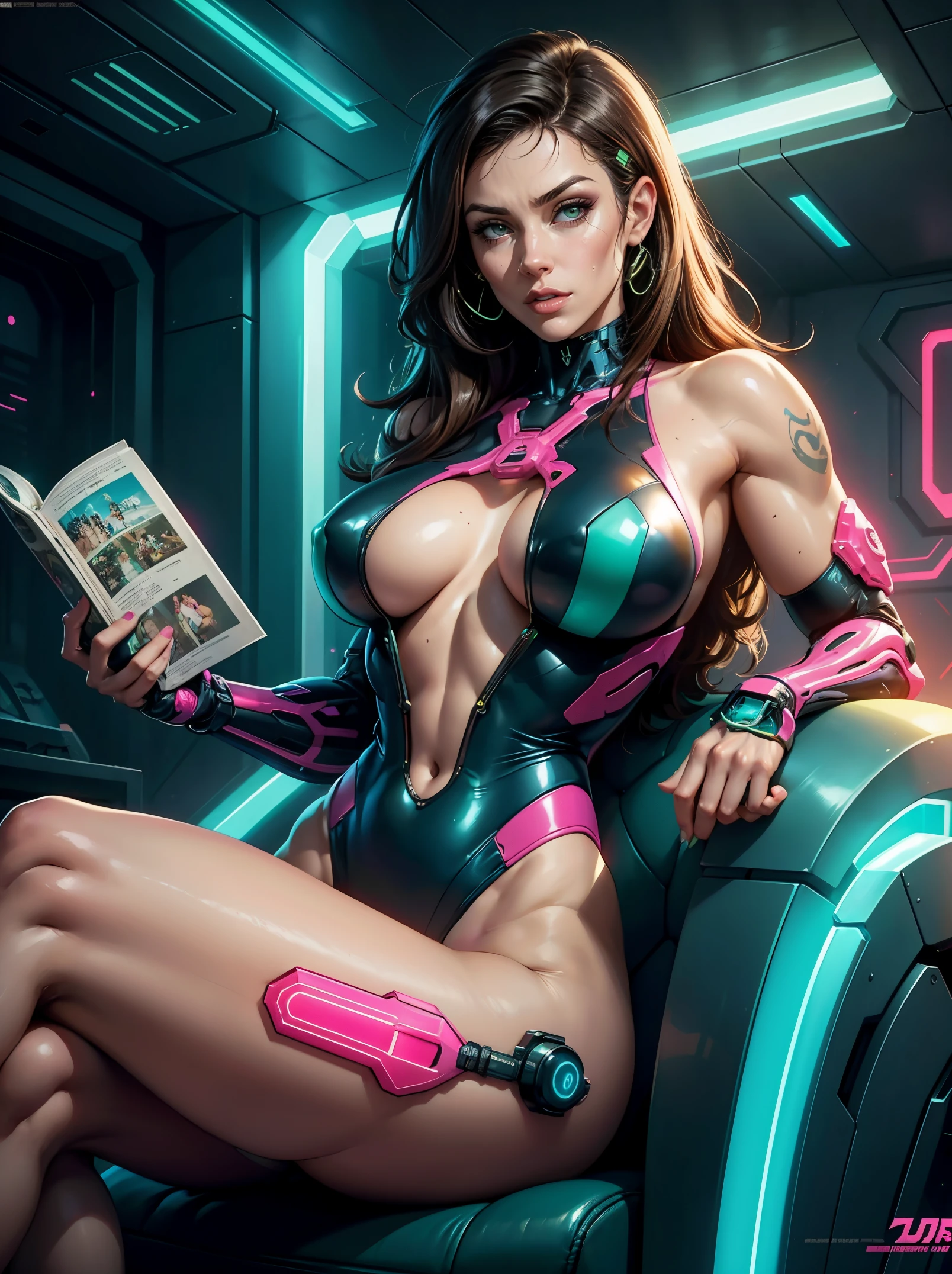 Alison Tyler 25 anos, brunette hair, as a bodybuilder cyborg with bionic parts in your body, cyberpunk swinsuit, pink-white-lime green, reading a magazine leaning on your crossed legs on the futuristic chair, futuristic lab, blueprint, photostudio composition, digital art, illustration concept art in the style of Artgerm and Adam Hughes