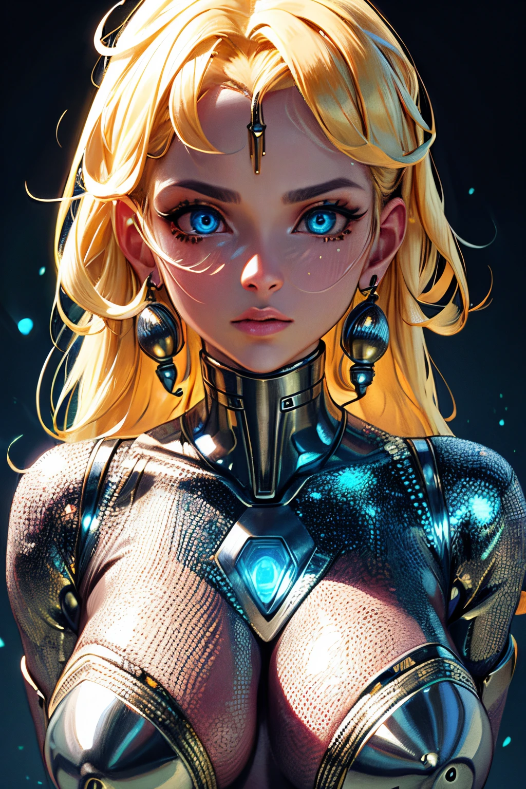 alta qualidade, 4k, ultra-detalhado, Realistic:1.37, HDR, Advanced shading:1.1, intricate patterns, cyborg headshot, olhos hipnotizantes, eye patterns inspired by the universe, metallic materials, atmosfera futurista, intense illumination, cores vibrantes