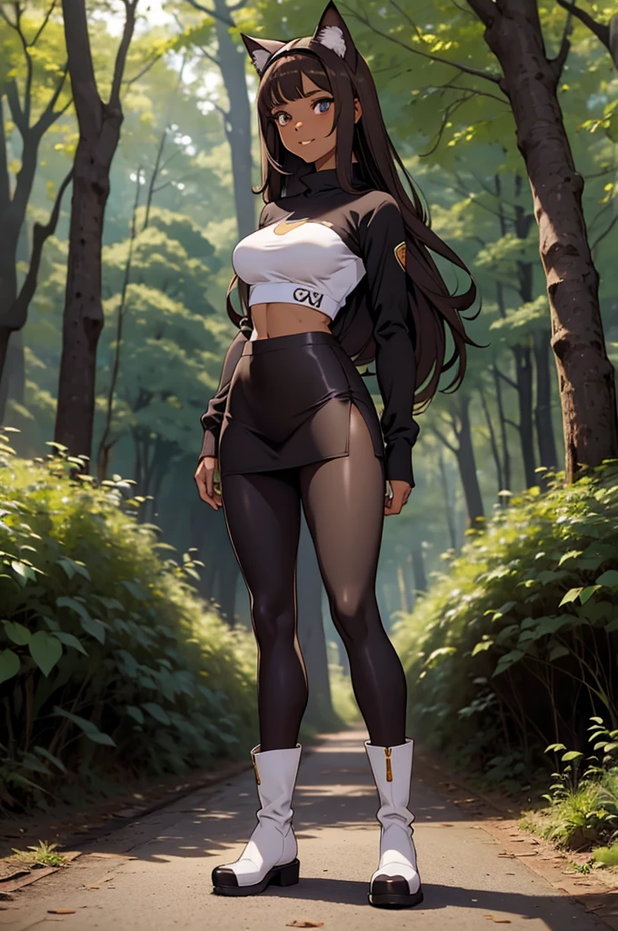 beautiful young woman wearing tight skirt with cat ears on her head, com rosto bem detalhado e bonito, belos olhos, belos olhos, rosto lindo, beautiful young woman wearing long brown leggings, sueter apertado branco, Standing in a forest, usando bota preta, cabelo comprido com franja preto, ,orelhas de gato, belo sorriso, tomboy,, um pouco musculosa