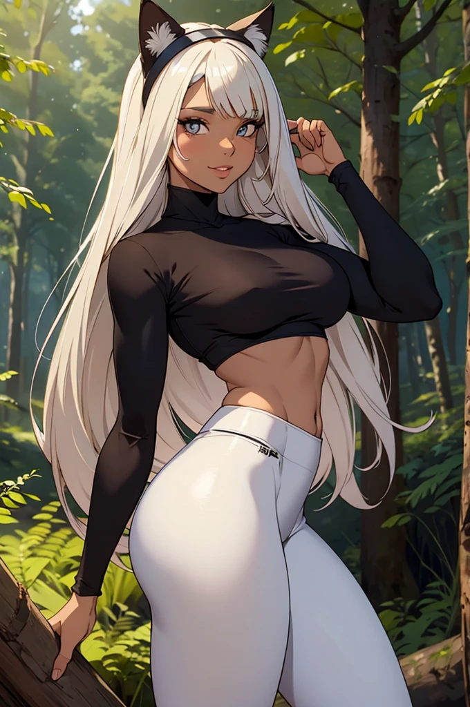 beautiful young woman wearing tight skirt with cat ears on her head, com rosto bem detalhado e bonito, belos olhos, belos olhos, rosto lindo, beautiful young woman wearing long brown leggings, sueter apertado branco, Standing in a forest, usando bota preta, cabelo comprido com franja preto, ,orelhas de gato, belo sorriso, tomboy,, um pouco musculosa