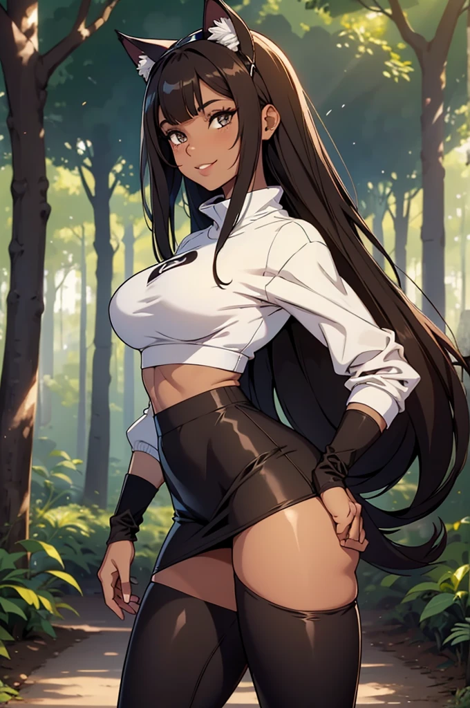 beautiful young woman wearing tight skirt with cat ears on her head, com rosto bem detalhado e bonito, belos olhos, belos olhos, rosto lindo, beautiful young woman wearing long brown leggings, sueter apertado branco, Standing in a forest, usando bota preta, cabelo comprido com franja  preto, ,orelhas de gato, belo sorriso, tomboy,, um pouco musculosa