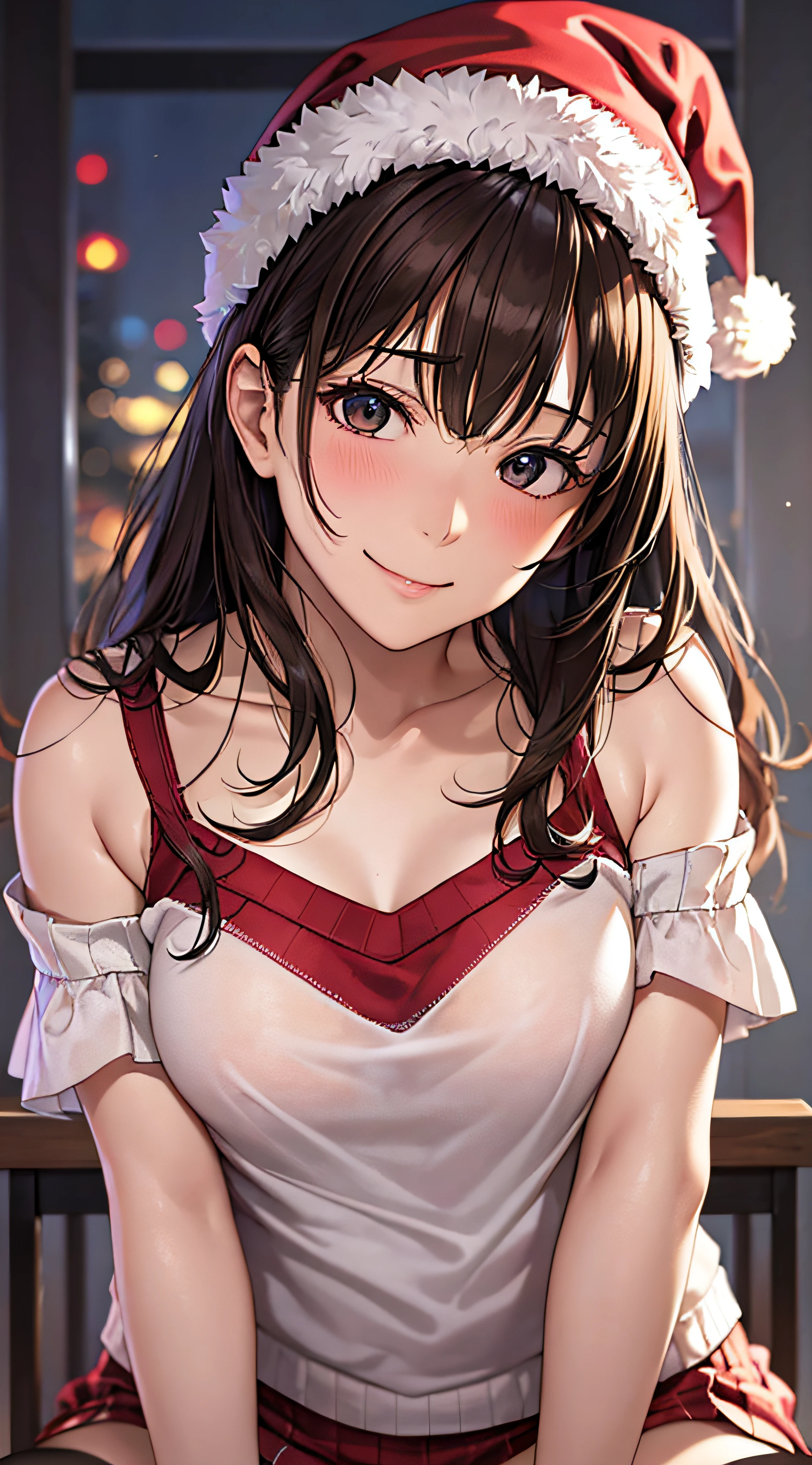 ((masutepiece, Best Quality, hight resolution, nffsw, Perfect Pixel, 4K, nffsw, nffsw))), 1girl in, Single, Solo, Beautie、full body seen、 ((Middle Wave Hair, Bangs, Brown hair)), ((Brown-eyed, Beautiful eyelashes, Realistic eyes)), ((Detailed face, Blushing:1.2)), ((Smooth texture:0.75, Realistic texture:0.65, Photorealistic:1.1, Anime CG style)), medium breasts, Dynamic Angle, Perfect body, ((Santa Claus Costume、Red knitted hat、red and white off shoulder sweater、red and white flared skirt、Black garter stockings、Kamimei、Shy smile、See-through nipples)), Classrooms without people、Sit on a desk、Lower'I took my foot off the desk......................、early evening、、((Angle looking up from below))、Very embarrassing panic smile、Lift your chest with your hands、Open both legs、Open your knees wide、sexy pink floral lace panties)、
