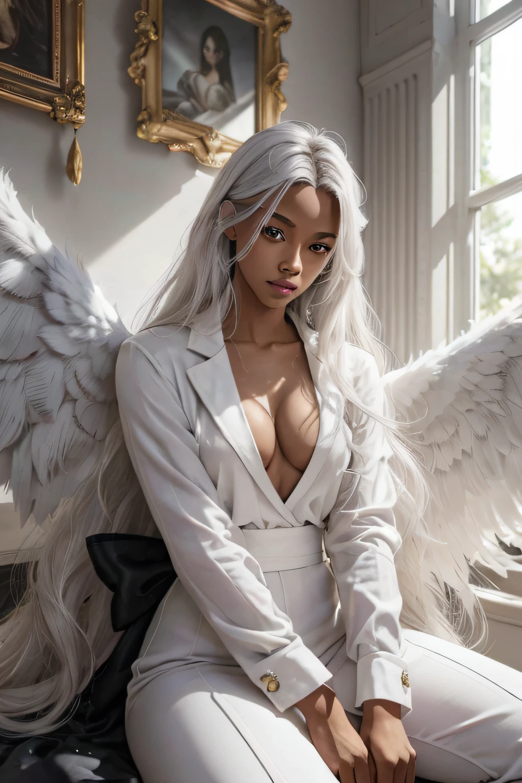 (absurdes, high resolucion, Ultra detailded, Hdr), Masterpiece, Best quality, serveur à la dark skinned avec auréole, cheveux blancs, Photo professionnelle, ange mâle à la dark skinned, Assistance temporaire, (dark skinned(cheveux blancs:1.1)), Yeux sur le spectateur, longs cheveux blancs, coreen young garçon 18 years anlasien(very beautiful:1.1)), (Gray eye, tes ailes:1.1)), [ Corps défini de manière catégorique ], (cheveux longs blancs:1.1), Very detailed, Extremely detailed