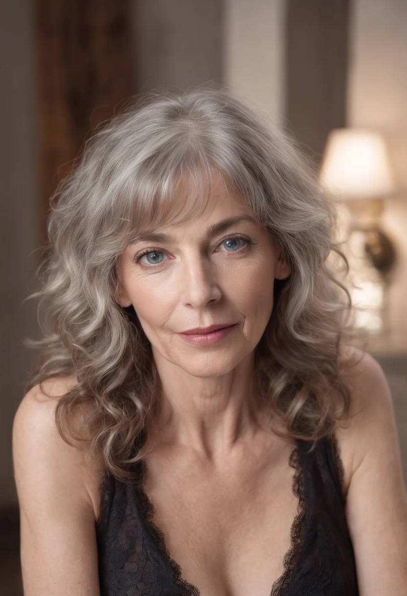3/4 length waist-up photo of beautiful skinny 55 year old, short length flip-styled curly gray hair, blue eyes, detailed eyes, large breasts in black lace push up bra, realistic skin with pores and blemishes, pale skin, looking confident, casual, jeans, boots, wrinkled freckled big sexy cleavage, signs of aging Jane Birkin lookalike, very short length flip-styled curly gray hair blurry loft apartment setting with dramatic light