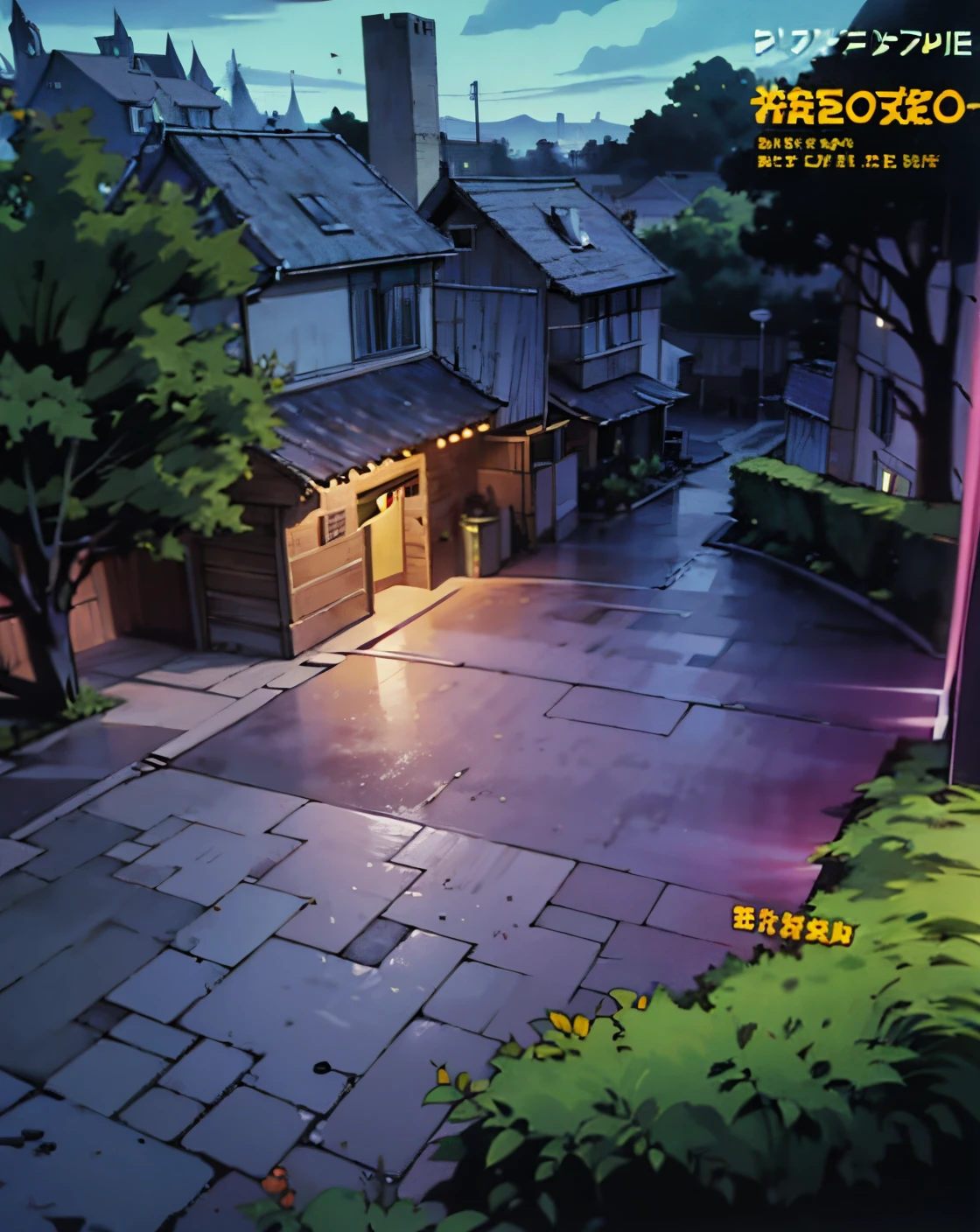 Patio with grass. Manilhas de cano de esgoto ao centro. arvores secas. Clima de Haloween. Fundo do anime. Well-defined dash. intrincate details. manga cover. poster