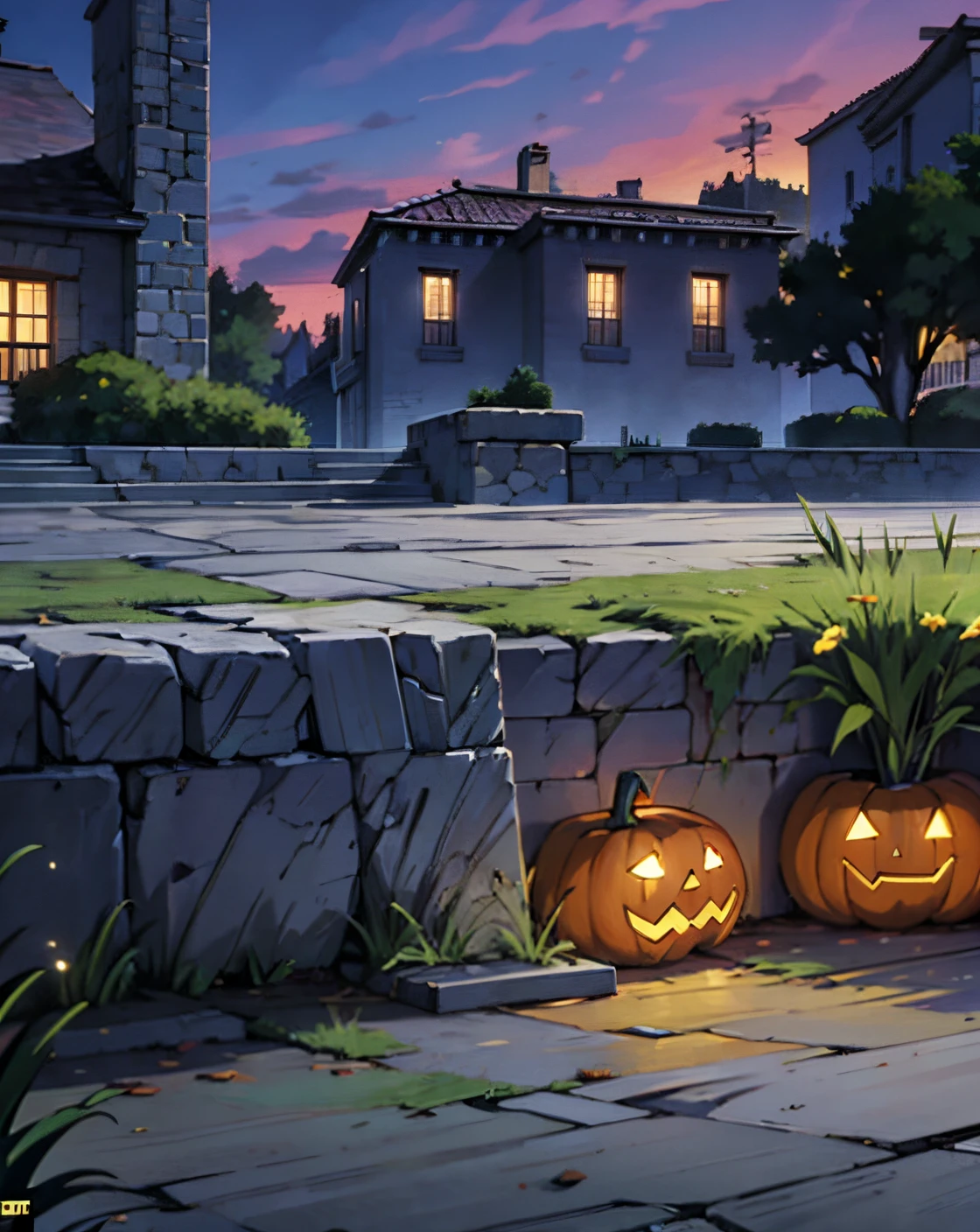 Patio with grass. Manilhas de cano de esgoto ao centro. arvores secas. Clima de Haloween. Fundo do anime. Well-defined dash. intrincate details. manga cover. poster