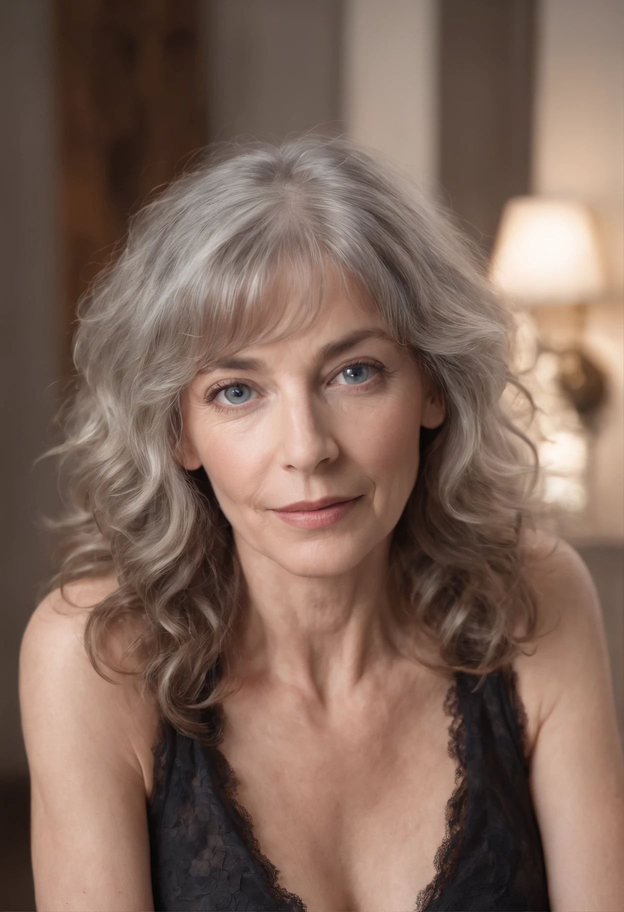 3/4 length waist-up photo of beautiful skinny 55 year old, short length flip-styled curly gray hair, blue eyes, detailed eyes, large breasts in black lace push up bra, realistic skin with pores and blemishes, pale skin, looking confident, casual, jeans, boots, wrinkled freckled big sexy cleavage, signs of aging Jane Birkin lookalike, very short length flip-styled curly gray hair blurry loft apartment setting with dramatic light