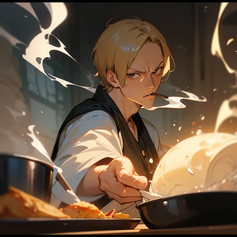 (Masterpiece, best quality,, in art style of warrick wong, fisheye, extreme close up shot, lens distortion) , (sanji from one piece, smoking, disjointed lips, gentle look , cooking in restaurant kitchen, view from front), (blurry background, chefs in the background, cooking stations , cinematic lighting, rim light, ambient occlusion, particle simulation, fire simulation, smoke simulation, under exposure:1.2, 8K UHD, film grain )