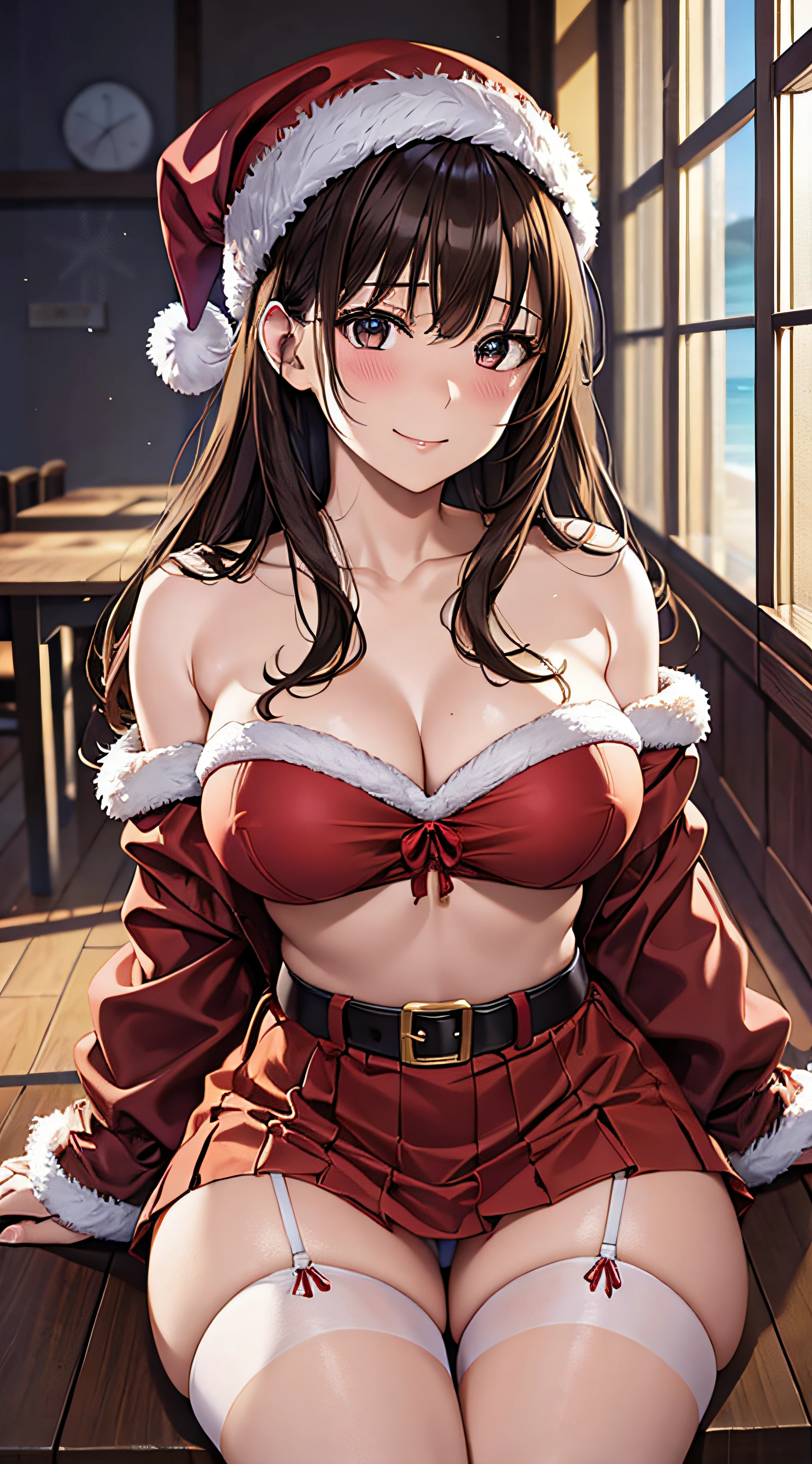 ((masutepiece, Best Quality, hight resolution, nffsw, Perfect Pixel, 4K, nffsw, nffsw))), 1girl in, Single, Solo, Beautie、full body seen、 ((Middle Wave Hair, Bangs, Brown hair)), ((Brown-eyed, Beautiful eyelashes, Realistic eyes)), ((Detailed face, Blushing:1.2)), ((Smooth texture:0.75, Realistic texture:0.65, Photorealistic:1.1, Anime CG style)), medium breasts, Dynamic Angle, Perfect body, ((Santa Claus Costume、Red knitted hat、red and white off shoulder sweater、red and white flared skirt、Black garter stockings、Kamimei、Shy smile、See-through nipples)), Classrooms without people、Sit on a desk、Lower'I took my foot off the desk.............................、early evening、、((Angle looking up from below))、Very embarrassing panic smile、Lift your chest with your hands、Open both legs、Open your knees wide、sexy pink floral lace panties)、