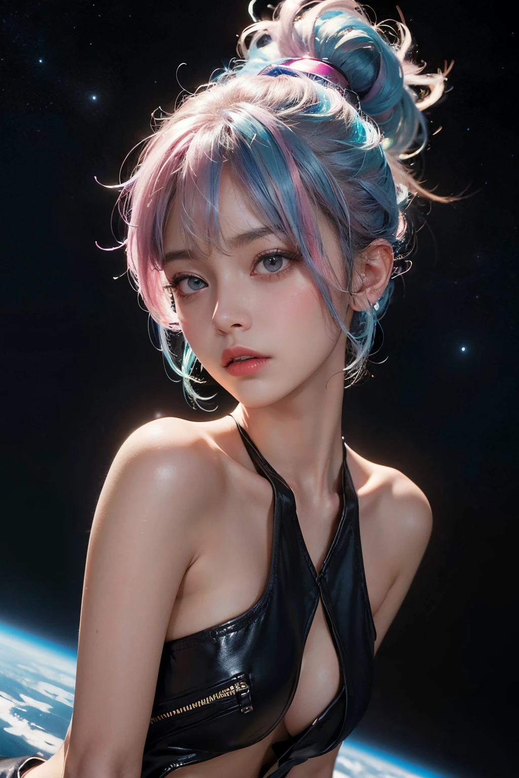 a 20 yo black woman, blonde, (hi-top fade:1.3), space theme, soothing tones, neon colors, high contrast, (natural skin texture, hyperrealism, soft light, sharp)
nude, action pose, pink and blue hair
