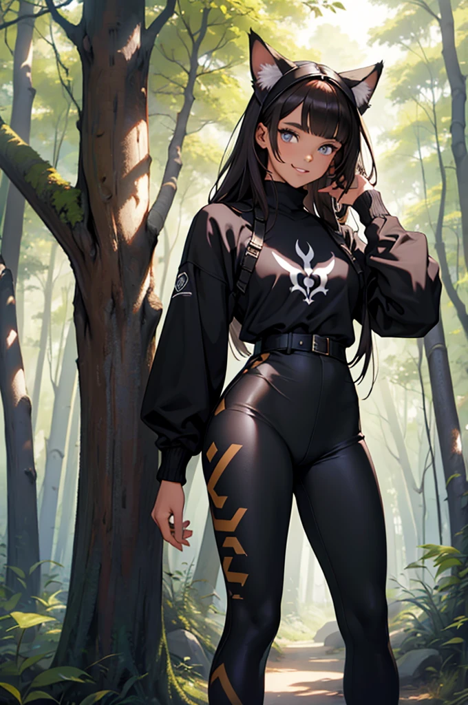 beautiful young woman with cat ears on her head, com rosto bem detalhado e bonito, belos olhos, belos olhos, rosto lindo, beautiful young woman wearing long brown leggings with black details, sueter apertado branco, Standing in a forest, usando bota preta, cabelo comprido com franja preto, ,orelhas de gato, belo sorriso, tomboy, um pouco musculosa, sword in right hand, olhar serio
