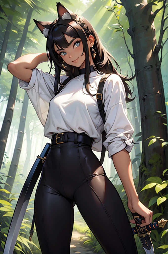 beautiful young woman with cat ears on her head, com rosto bem detalhado e bonito, belos olhos, belos olhos, rosto lindo, beautiful young woman wearing long brown leggings with black details, sueter apertado branco, Standing in a forest, usando bota preta, cabelo comprido com franja preto, ,orelhas de gato, belo sorriso, tomboy, um pouco musculosa, sword in right hand, olhar serio