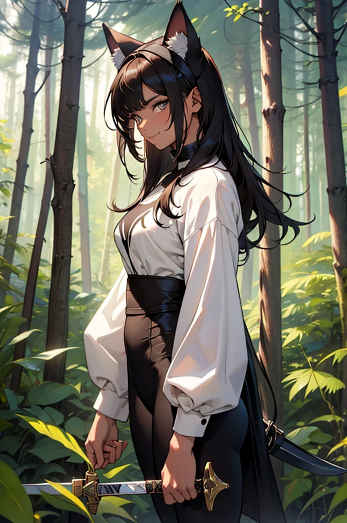 beautiful young woman wearing tight skirt with cat ears on her head, com rosto bem detalhado e bonito, belos olhos, belos olhos, rosto lindo, beautiful young woman wearing black tights, sueter apertado branco, short pantyhose, Standing in a forest, usando salto alto, cabelo curto preto, morena,orelhas de gato, belo sorriso, tomboy, morena, um pouco musculosa usando sai apertada preta