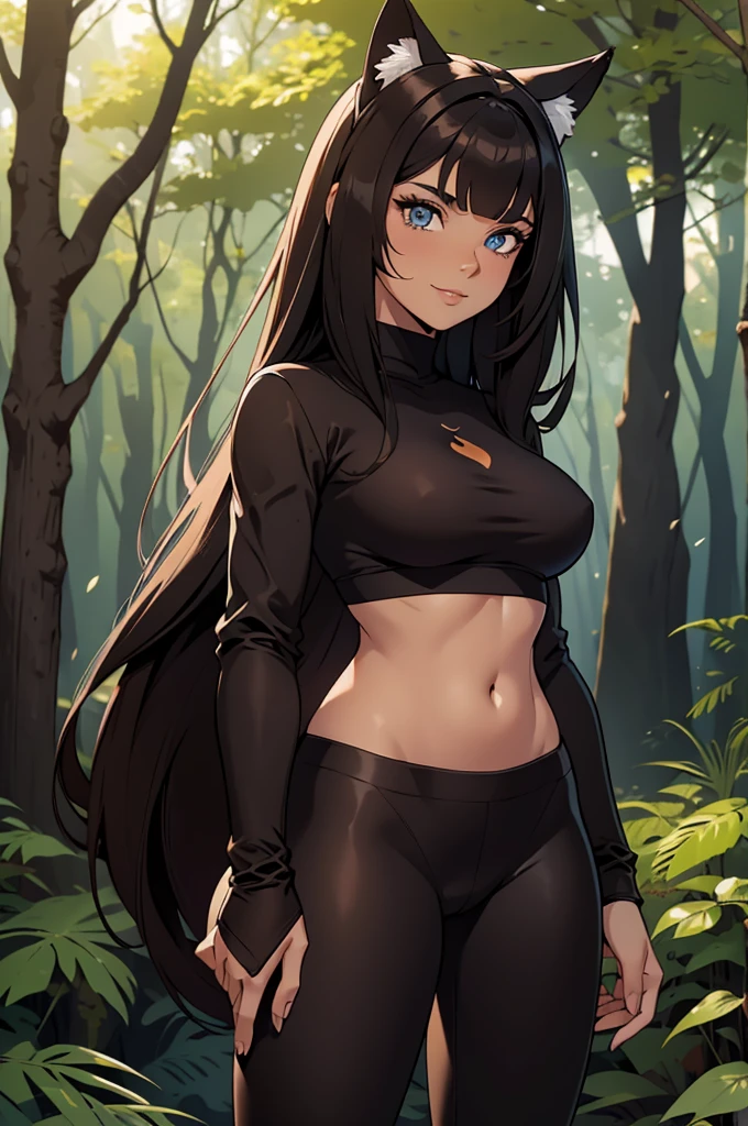 beautiful young woman with cat ears on her head, com rosto bem detalhado e bonito, belos olhos, belos olhos, rosto lindo, beautiful young woman wearing long brown leggings with black details, sueter apertado branco, Standing in a forest, usando bota preta, cabelo comprido com franja preto, ,orelhas de gato, belo sorriso, tomboy, um pouco musculosa, sword in right hand, olhar serio
